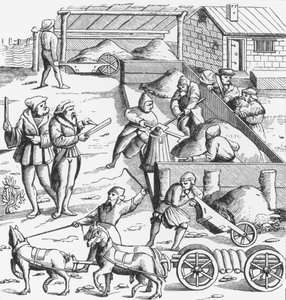 Die Metallgewinnung, nach einem Holzschnitt in Cosmographie Universelle von Munster, veröffentlicht 1552