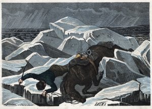 Der Sturz von Graf Sandor und seinem Pferd auf dem gebrochenen Eis der Donau. In „Wenn Jemand eine Reise tut, so kann er was erzählen“, deutsche Erzählung von Franz Wiedemann von German School