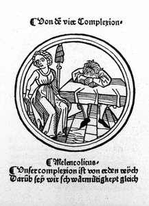 Die vier Temperamente: melancholisch (traurig und depressiv). Xylografie, Augsburg 1480 von German School