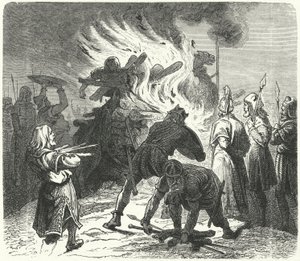 Der legendäre schwedische König Sigurd Hring verbrennt den Leichnam von Harald Wartooth nach der Schlacht von Bravellir (Gravur) von German School