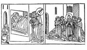 Das Leben des heiligen Nikolaus erweckt. Stich aus „Leben der Heiligen - Sommerteil“ (Das Buch der Heiligen) von Jacobus (James) von Voragine (1228-1298). Lübeck 1488