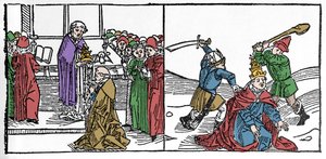 Das Martyrium des heiligen Fabian (3. Jahrhundert), Papst, gefoltert und dann enthauptet unter der Herrschaft von Kaiser Decius. Gravur aus „Leben der Heiligen - Sommerteil“ von Jacobus von Voragine. Lübeck 1488 von German School