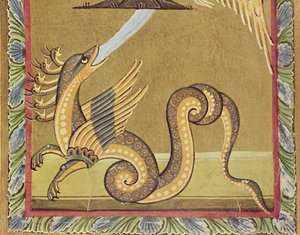 Der siebenköpfige Drache versucht, die Frau zu verletzen, indem er einen Wasserstrom ausspuckt, Faksimile der Bamberger Apokalypse