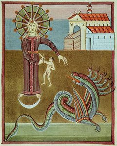 Die mit der Sonne bekleidete Frau wird vom Drachen mit sieben Köpfen angegriffen, Faksimile der Bamberger Apokalypse von German School