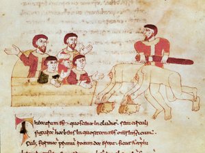 Theaterszene, das Publikum links applaudiert der Aufführung der Schauspieler. Miniatur aus dem Manuskript De Universo (oder De rerum naturis) (cod. 132) von Rabanus Maurus Magnentius (ca. 780-856)