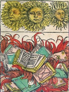 Drei Sonnen und Bücherverbrennung, veröffentlicht in der Nürnberger Chronik, 1493 von German School