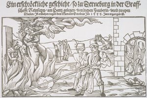 Drei Hexen lebendig verbrannt, Flugblatt-Illustration von German School