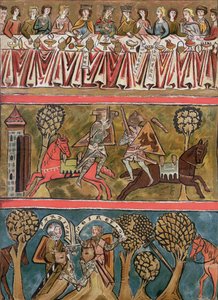 Drei Szenen aus Parsifal von Wolfram von Eschenbach (gest. ca. 1230) Faksimile aus einem Manuskript des 13. Jahrhunderts von German School