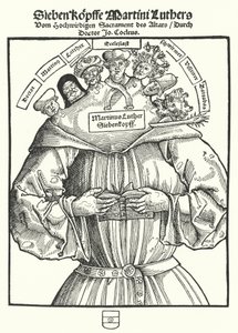 Titelseite des Pamphlets Die sieben Köpfe Martin Luthers von Johannes Cochlaeus von German School