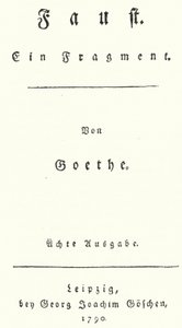 Titelseite der Erstausgabe von Faust, von Johann Wolfgang von Goethe (Gravur) von German School