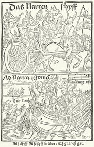 Titelseite der ersten Ausgabe von Sebastian Brants Narrenschiff, gedruckt von Johann Bergmann von Olpe in Basel im Jahr 1491 (Stich) von German School