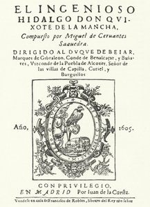Titelseite der ersten Ausgabe des Romans Don Quijote von Miguel de Cervantes (Stich) von German School