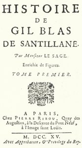 Titelseite der ersten Ausgabe von Gil Blas des französischen Romanciers und Dramatikers Alain-Rene Lesage, veröffentlicht 1715 (Stich) von German School