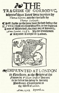 Titelseite der ersten Ausgabe von The Tragedie of Gorboduc (1565) von Thomas Norton und Thomas Sackville (Stich) von German School