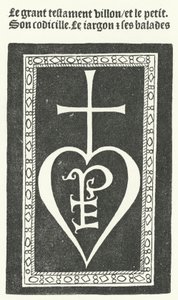 Titelseite der ersten Ausgabe der Gedichte des französischen Dichters François Villon, gedruckt von Pierre Levet in Paris im Jahr 1483 (Stich)
