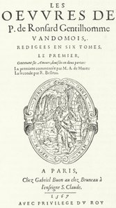Titelseite des ersten Bandes der seltenen und sehr beliebten zweiten Ausgabe der Werke von Pierre de Ronsard, veröffentlicht in sechs Bänden vom Dichter selbst (Stich) von German School
