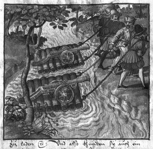 Transport von Kanonen und Geschützen über den Fluss auf Flößen, Illustration aus L