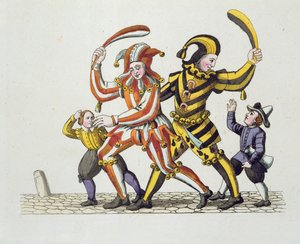 Zwei Possenreiter spielen mit Kindern, aus Alte Nürnberger Bräuche und Spiele und Lieder, neu veröffentlicht 1831 von German School