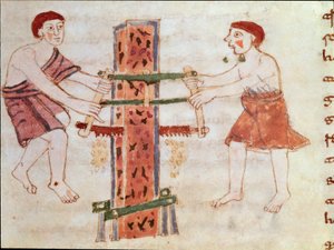 Zwei Männer sägen einen Marmorstamm (Miniatur, 9. Jahrhundert)