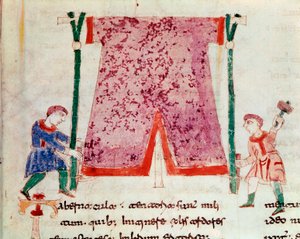 Zwei Männer stehen vor einem Zelt. Miniatur aus dem Manuskript „De Universo“ oder „De rerum naturis“ (Von der Natur der Dinge) von Rabanus Maurus Magnentius (ca. 780-856). 9. Jahrhundert. Archiv der Abtei Monte Cassino von German School