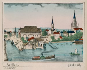 Ansicht von Konstanz mit Hafen, Konzil und Kathedrale, aus Neuruppiner Bilderbogen, 1830