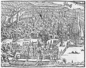 Ansicht von Zürich, aus Cosmographie Universelle von Sebastien Munster (1488-1552) Basel, veröffentlicht 1559 von German School