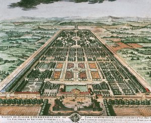 Ansicht des Gartens des Schlosses Herrenhausen, um 1708, Farbdruck, Deutschland