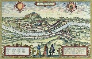 Ansicht der Stadt Salzburg am Ufer der Salzach mit der Festung Hohensalzburg im Hintergrund, aus 