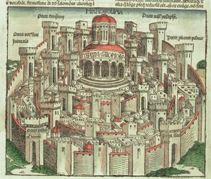 Ansicht der ummauerten Stadt Jerusalem mit dem Tempel Salomos und den Stadttoren, aus der Nürnberger Chronik von Hartmann Schedel, 1493