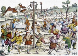 Dorftanz um die Matte de Cocagne - 16. Jahrhundert deutsche Bildsprache von Nikolaus Meldemann