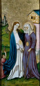 Heimsuchung. Begegnung zwischen der Jungfrau Maria und der Heiligen Elisabeth. Malerei der deutschen Schule