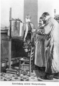 Wilhelm Konrad Röntgen röntgt einen Jungen, aus einem Buch von Hans Kraemer, um 1898-99