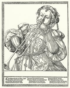 Frau, die eine Posaune oder Sackbut spielt