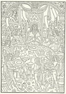 Holzschnitt aus der ersten Ausgabe von Lancelot du Lac, gedruckt in Rouen von Jean le Bourgeois im Jahr 1488 (Stich) von German School