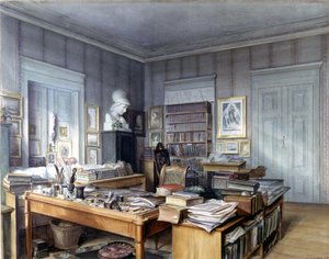 Arbeitszimmer von Wilhelm Grimm (1786 -1859) in Berlin, Linkstraße 7. Gravur von Herrn Hoffmann. Nationalmuseum, Nürnberg. 1860