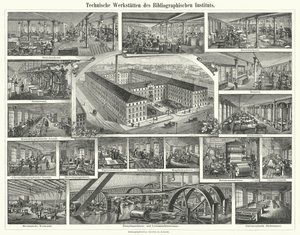 Werkstätten des Bibliographischen Instituts, Leipzig, Deutschland (Gravur) von German School