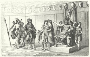Wotan empfängt die Musiker, eingeführt von Bragi, dem Gott der Poesie und des Gesangs (Stich) von German School