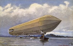 Zeppelin-Luftschiff startet von einem See von German School