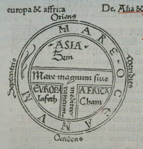 f.177v T-in-O Karte, mit Buchdruck-Ortsnamen, aus Isidor von Sevilla, Liber Etimologiarvm