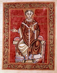 Der Bischof Egbert von Trier erhält den Psalter aus den Händen des Mönchs Rudprecht (hier nicht dargestellt) - Miniatur aus dem Codex Egberti von der Reichenauer Schule, 980 - Cividale del Friuli, Archäologisches Museum oder Kathedrale von Cividale. von German School