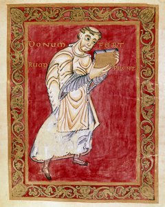 Der Mönch Ruodprecht bringt das Manuskript zum Erzbischof Egbert von Trier (Miniatur aus dem Codex Egberti) von German School