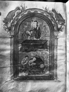 f.234v, Abstieg vom Kreuz und Besuch der Jünger am Grab, Liuthar-Evangeliar / Otto-Evangeliar, ca. 990