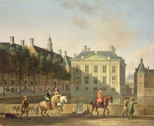 Das Mauritshuis von der Langevijverburg, Den Haag, mit Falkenjagd im Vordergrund von Gerrit Adriaensz Berckheyde