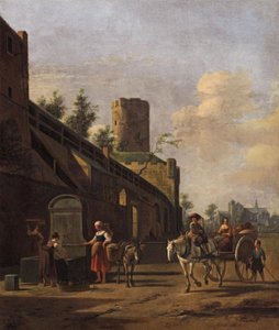 Stadtmauer von Köln mit Bauern und Reisenden in der Nähe, die Kirche St. Pantaleon im Hintergrund