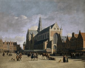 Ansicht des Grote Markts und der Grote Kerk oder St.-Bavokerk in Haarlem