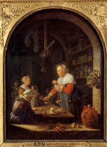 Der Dorfladen (mit dem Porträt des Malers im Hintergrund) von Gerrit Dou