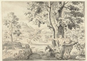 Baumreiche Landschaft mit einem Hirten, einem Mann und einer Frau