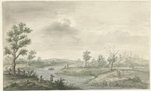 Landschaft mit gewundenem Fluss und Anglern