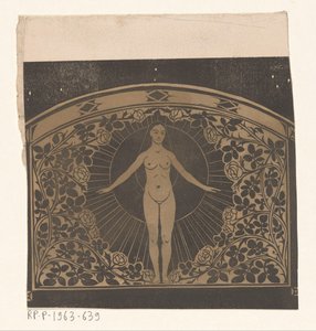 Entwurf für den Rahmen eines Kalenders für 1901 mit einer Frau und Blumen
