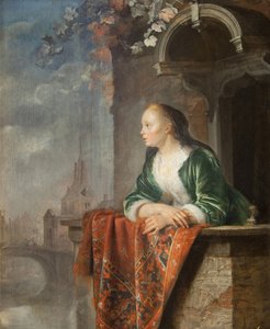 Junge Frau auf einem Balkon von Gerrit Dou